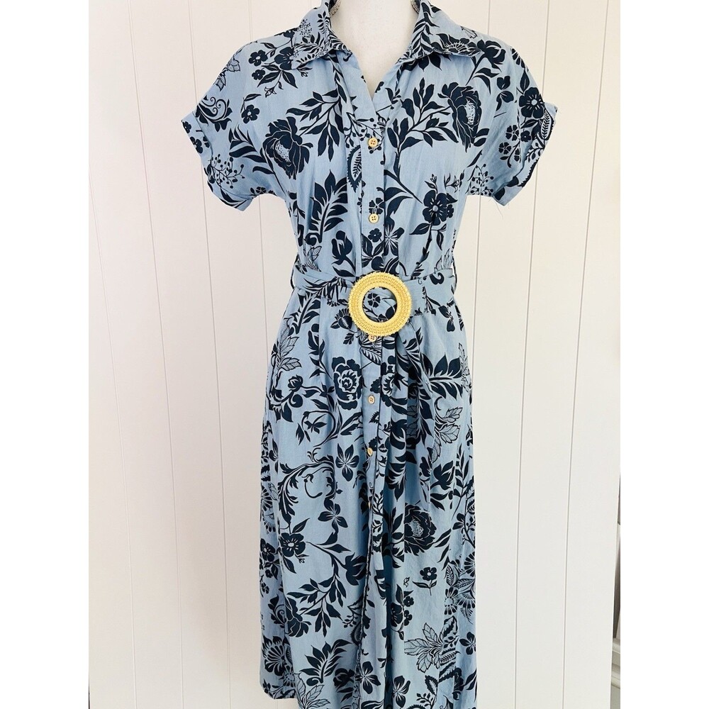 Violet Skies Blue Floral Belted Button Up Shirt Dress Small Natural Boho Coastal